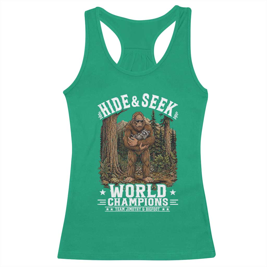 Bigfoot Jimothy The Raccoon Cryptid Animal Friendship Racerback Tank Top Hide And Seek World Champions