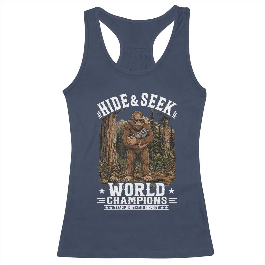 Bigfoot Jimothy The Raccoon Cryptid Animal Friendship Racerback Tank Top Hide And Seek World Champions