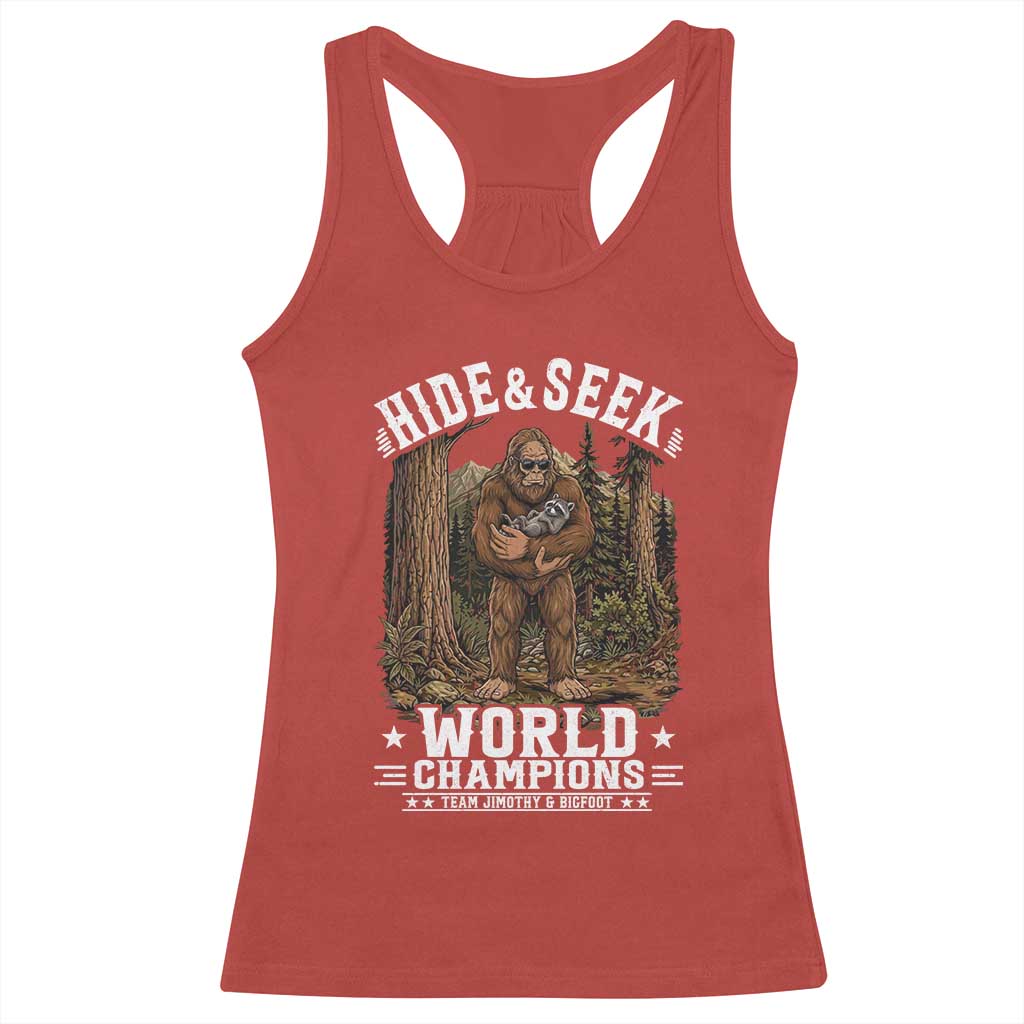 Bigfoot Jimothy The Raccoon Cryptid Animal Friendship Racerback Tank Top Hide And Seek World Champions