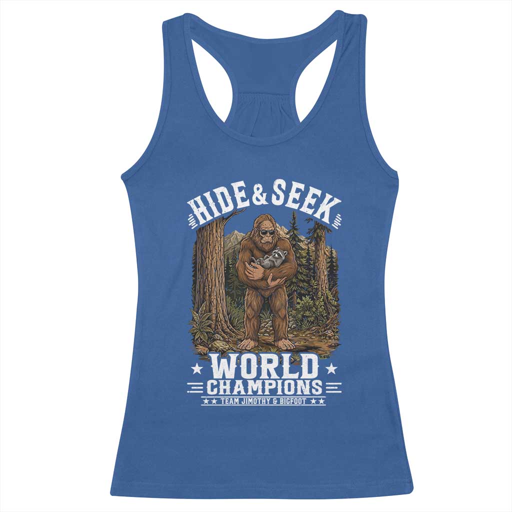 Bigfoot Jimothy The Raccoon Cryptid Animal Friendship Racerback Tank Top Hide And Seek World Champions