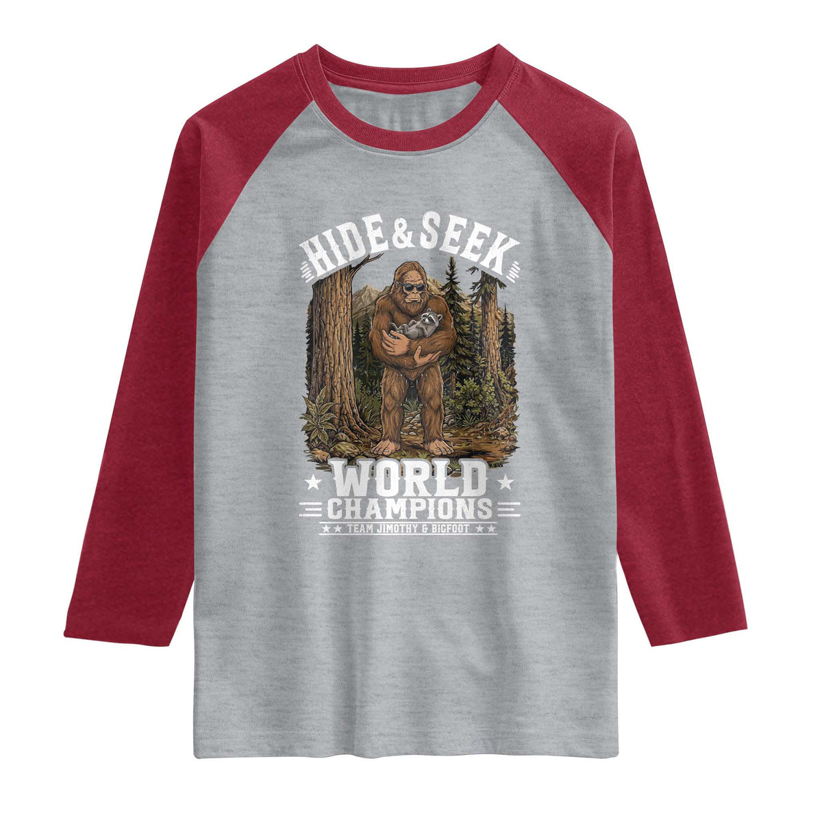 Bigfoot Jimothy The Raccoon Cryptid Animal Friendship Raglan Shirt Hide And Seek World Champions