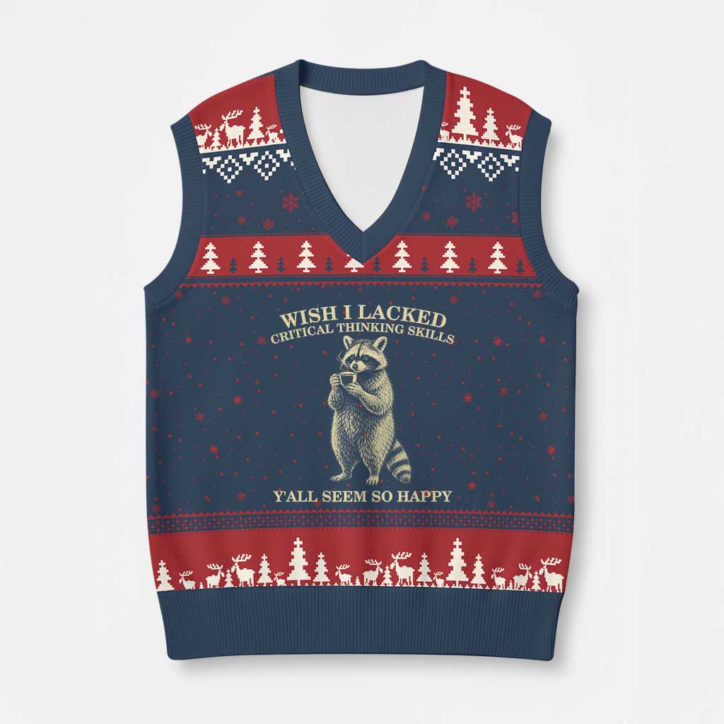 Funny Raccoon Coffee Drinker V-Neck Knit Sweater Vest Wish I Lacked Critical Thinking Skills