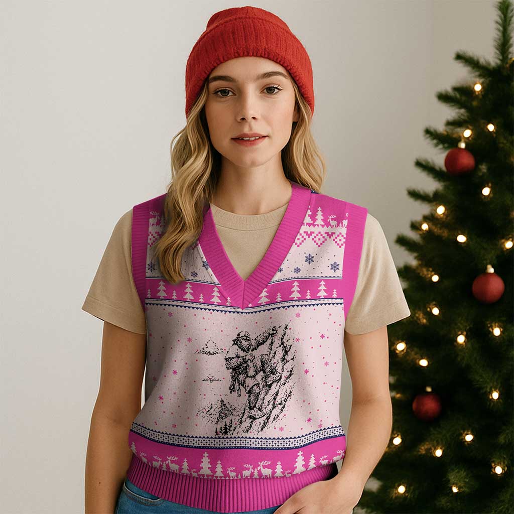 Funny Bigfoot Mountain Climber V-Neck Knit Sweater Vest Outdoor Hiking Adventure