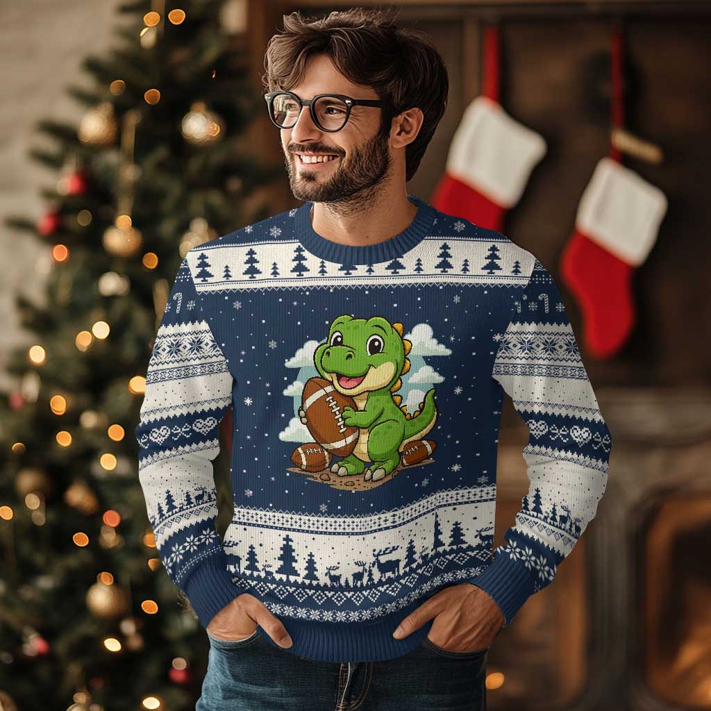 Cute Dinosaur Playing Football Ugly Christmas Sweater Funny Kids Gift - Wonder Print Shop