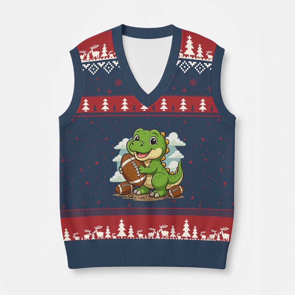 Cute Dinosaur Playing Football V-Neck Knit Sweater Vest Funny Kids Gift - Wonder Print Shop