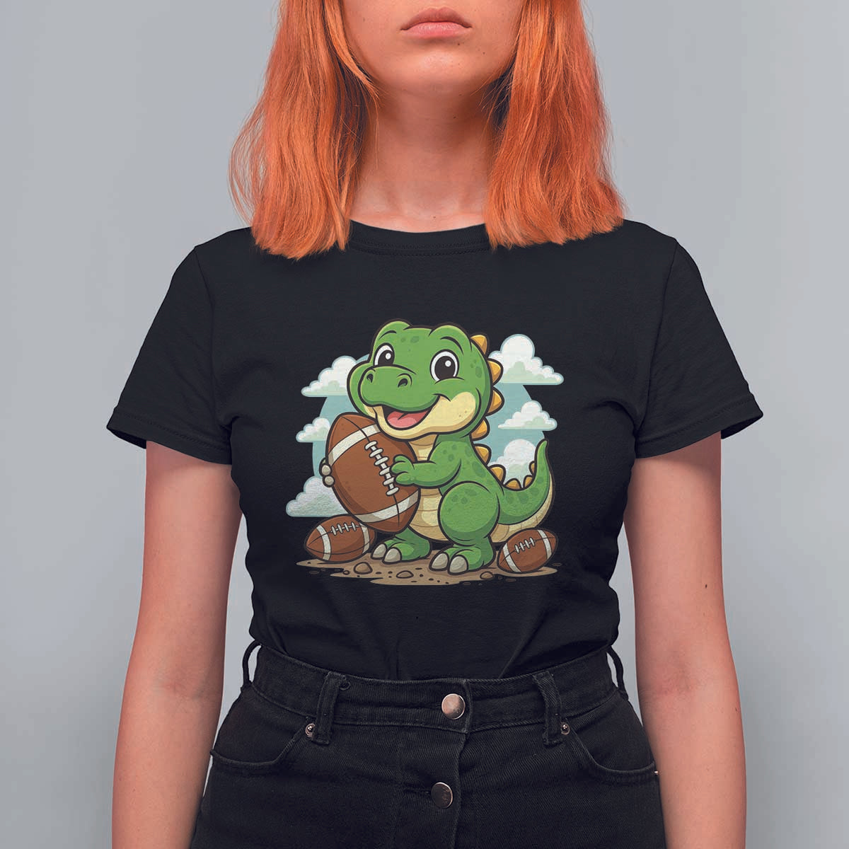 Cute Dinosaur Playing Football T Shirt For Women Funny Kids Gift - Wonder Print Shop