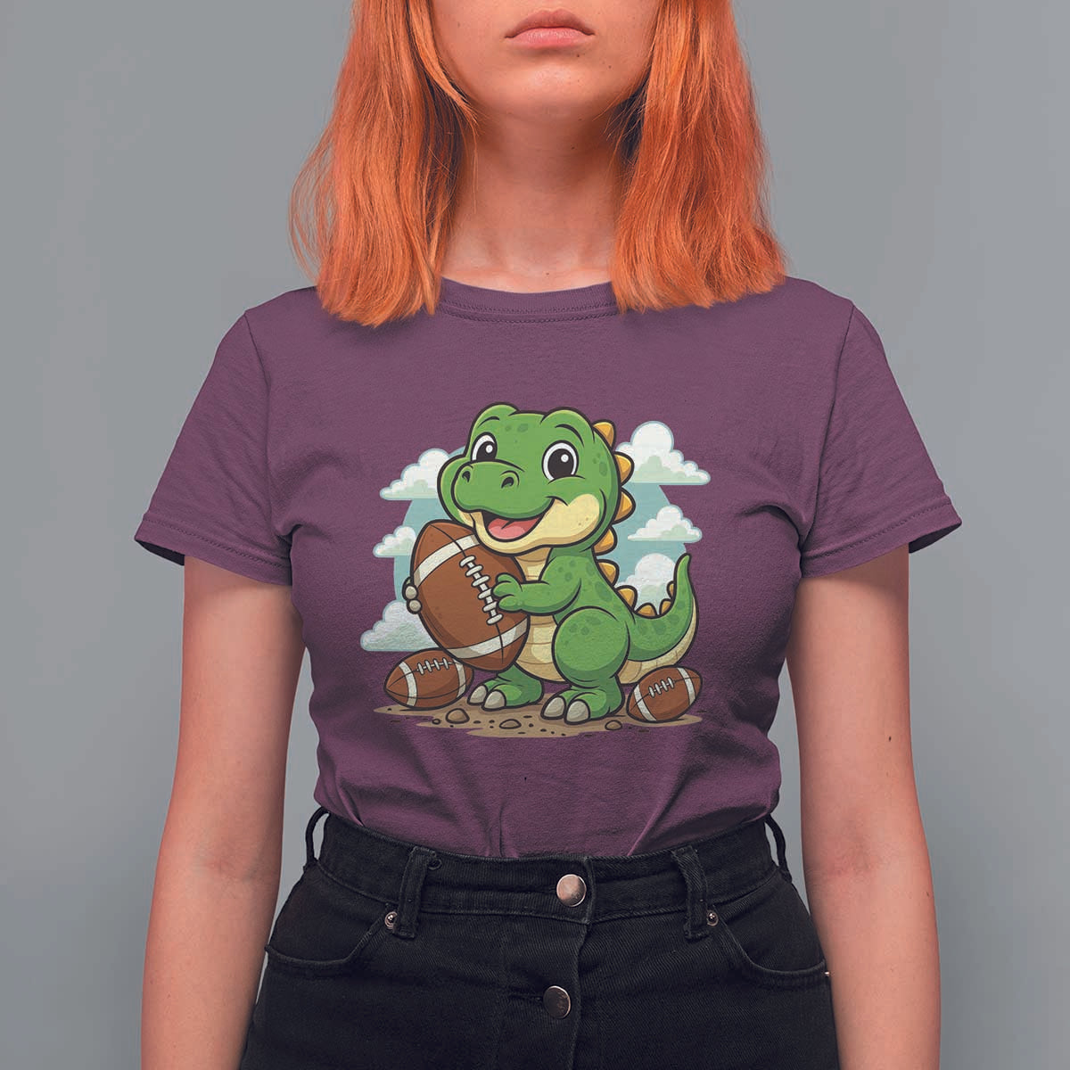 Cute Dinosaur Playing Football T Shirt For Women Funny Kids Gift - Wonder Print Shop