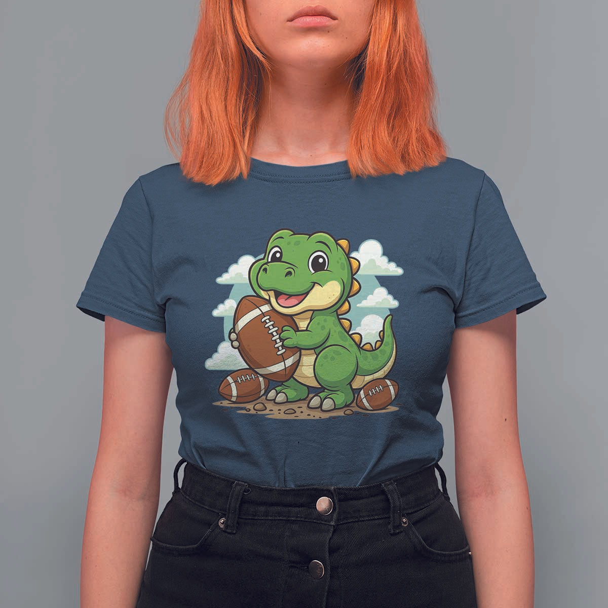 Cute Dinosaur Playing Football T Shirt For Women Funny Kids Gift - Wonder Print Shop