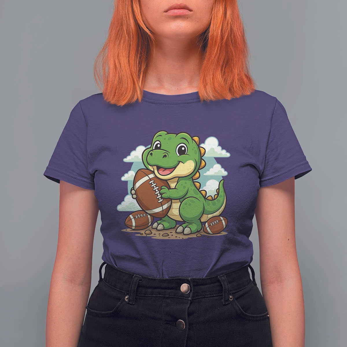 Cute Dinosaur Playing Football T Shirt For Women Funny Kids Gift - Wonder Print Shop