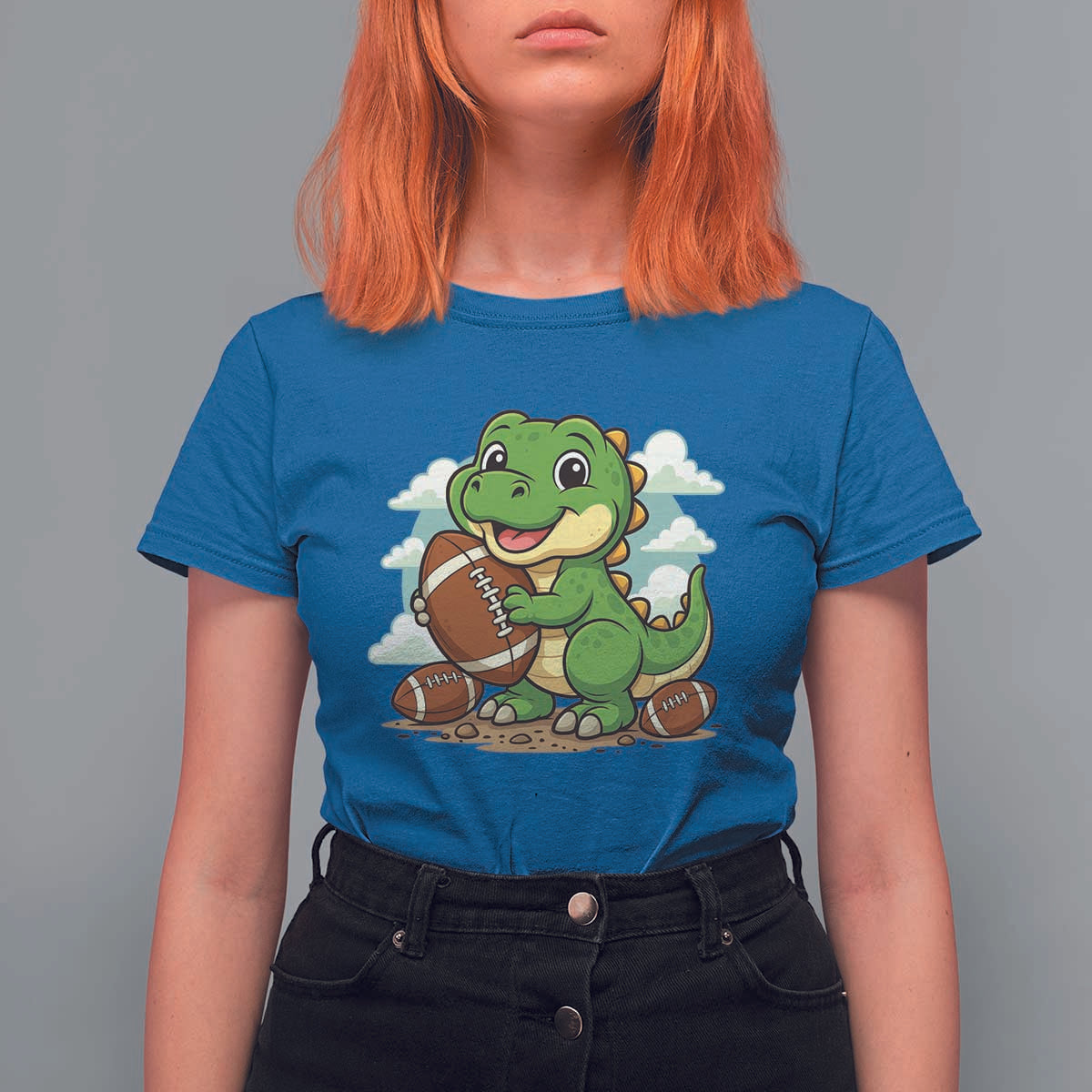 Cute Dinosaur Playing Football T Shirt For Women Funny Kids Gift - Wonder Print Shop
