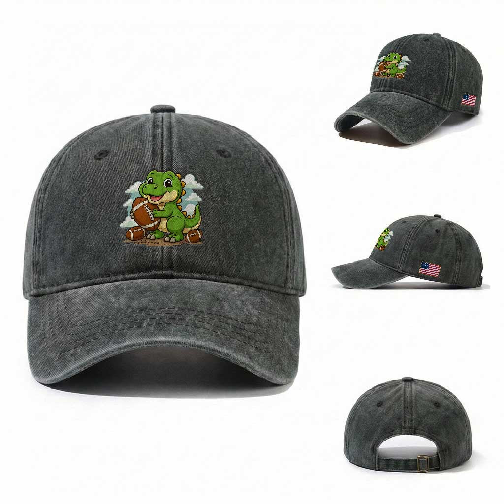 Cute Dinosaur Playing Football Washed Cotton Baseball Cap Funny Kids Gift