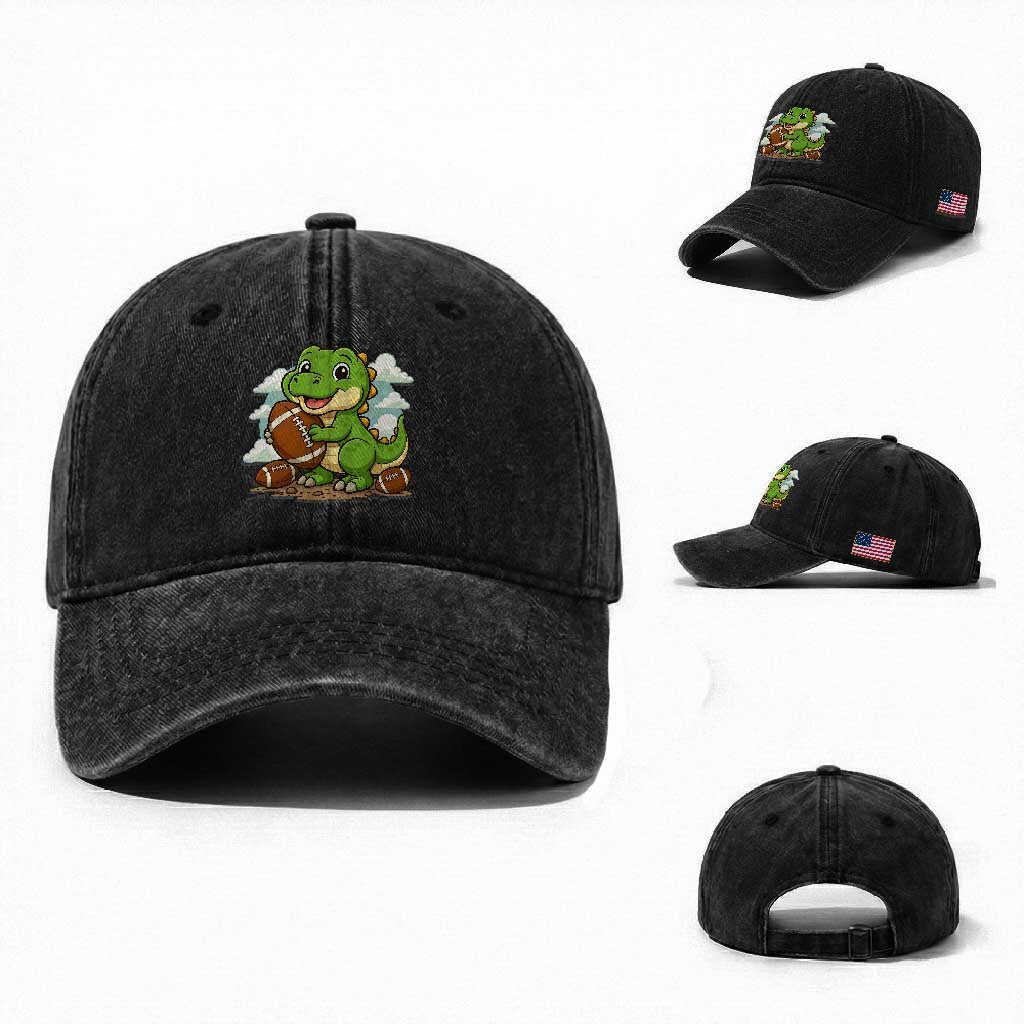 Cute Dinosaur Playing Football Washed Cotton Baseball Cap Funny Kids Gift