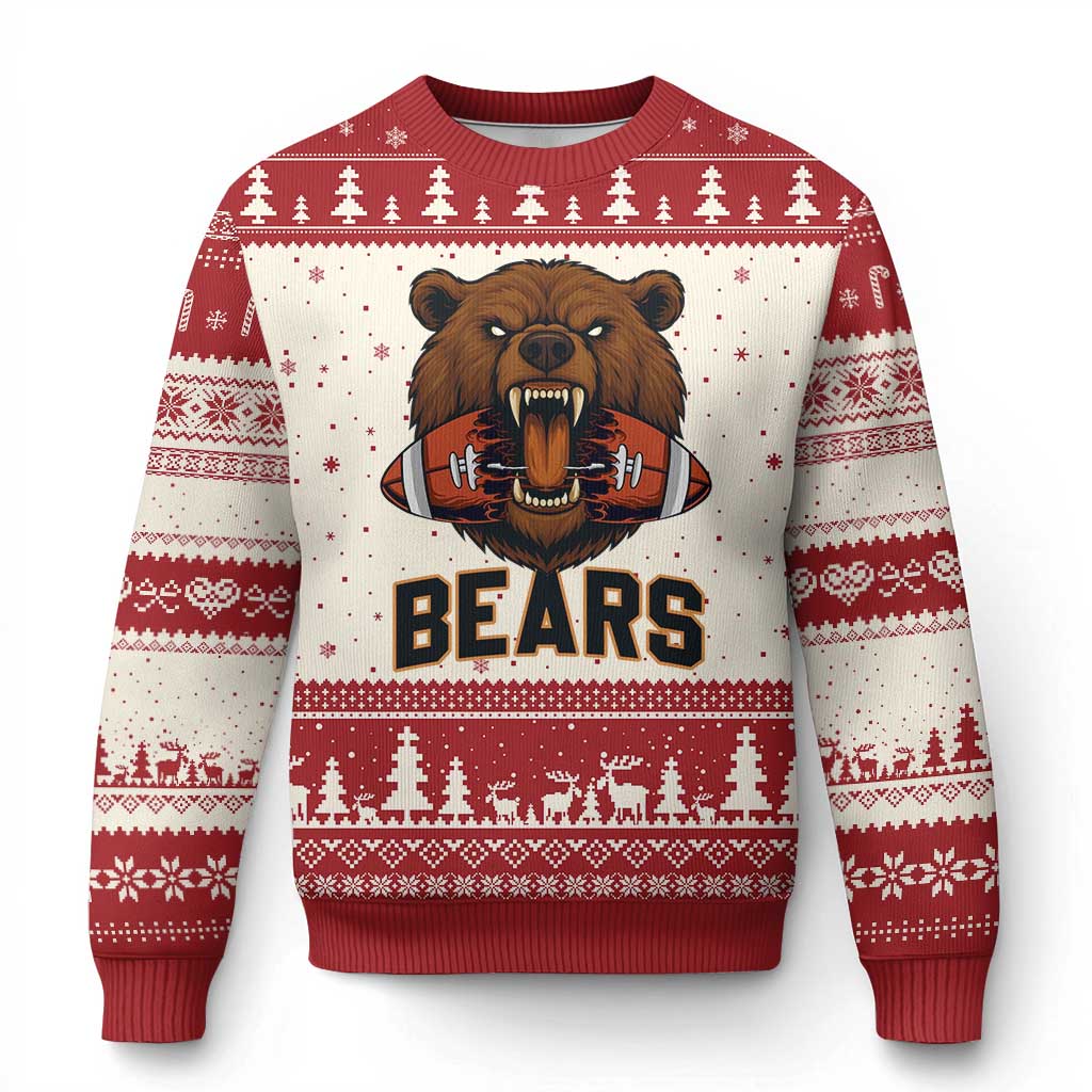 Football Player Gift Ugly Christmas Sweater Fierce Bear Biting Ball - Wonder Print Shop