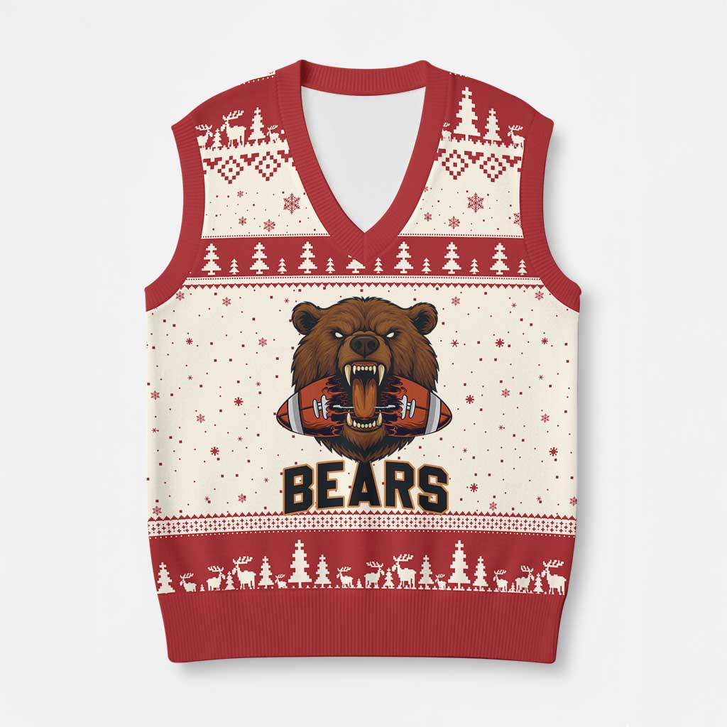 Football Player Gift V-Neck Knit Sweater Vest Fierce Bear Biting Ball - Wonder Print Shop