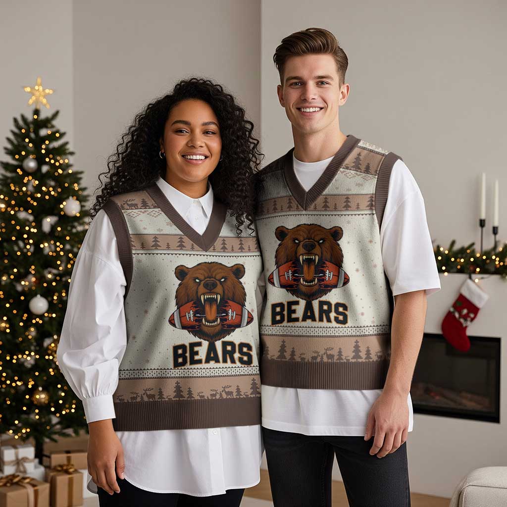 Football Player Gift V-Neck Knit Sweater Vest Fierce Bear Biting Ball - Wonder Print Shop