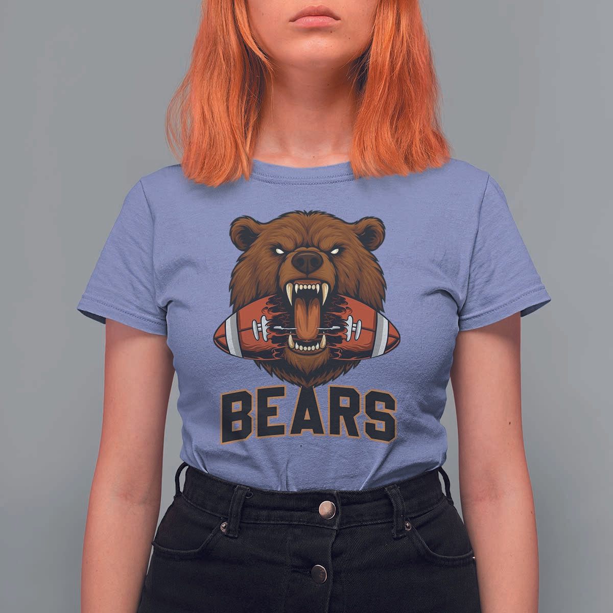 Football Player Gift T Shirt For Women Fierce Bear Biting Ball - Wonder Print Shop