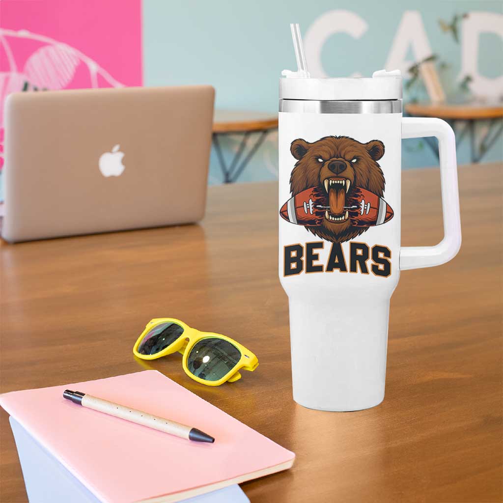 Football Player Gift Tumbler With Handle Fierce Bear Biting Ball - Wonder Print Shop