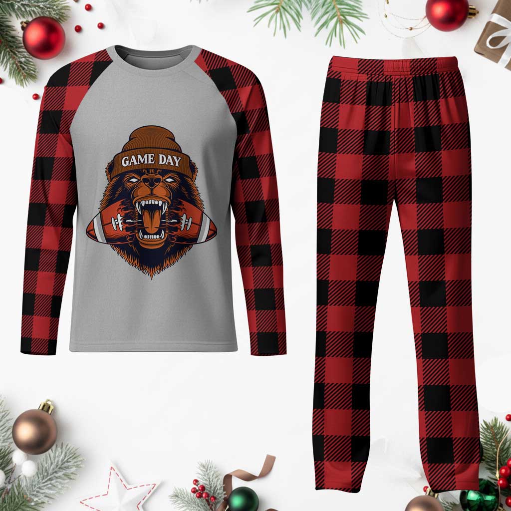 Game Day Fierce Bear Biting Ball Plaid Pajama Set Football Player Gift - Wonder Print Shop