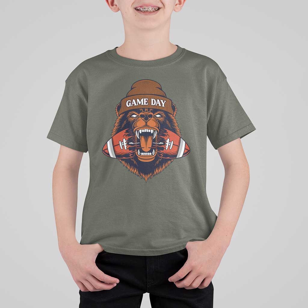 Game Day Fierce Bear Biting Ball T Shirt For Kid Football Player Gift - Wonder Print Shop