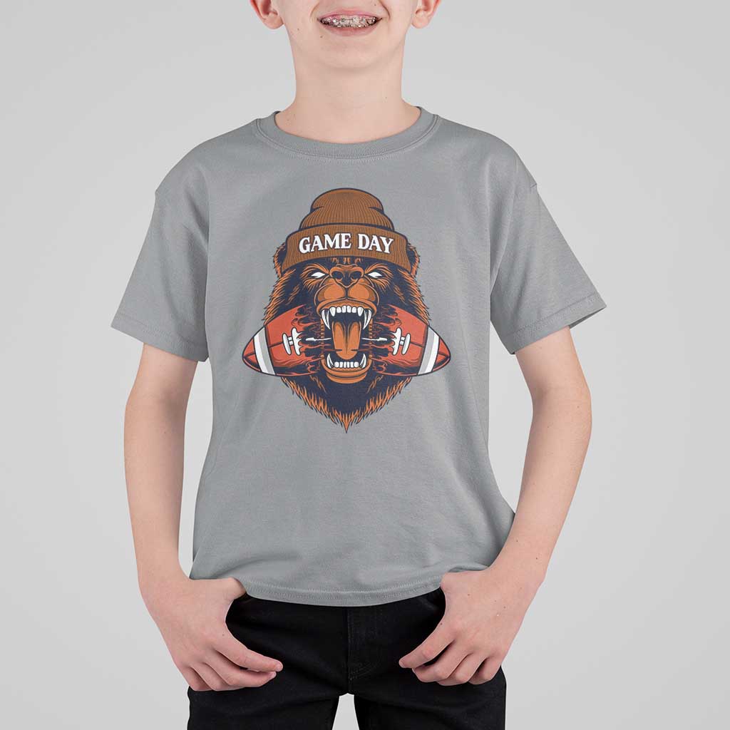 Game Day Fierce Bear Biting Ball T Shirt For Kid Football Player Gift - Wonder Print Shop