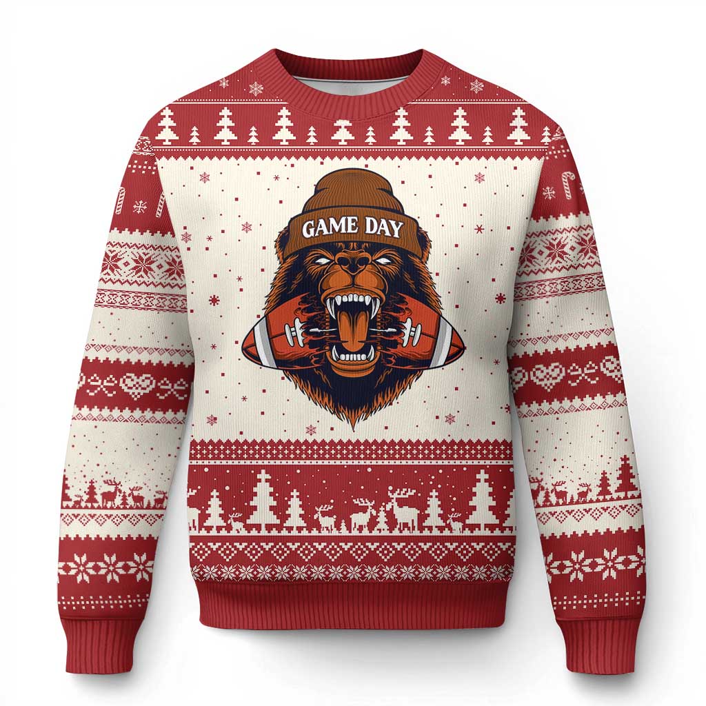 Game Day Fierce Bear Biting Ball Ugly Christmas Sweater Football Player Gift - Wonder Print Shop