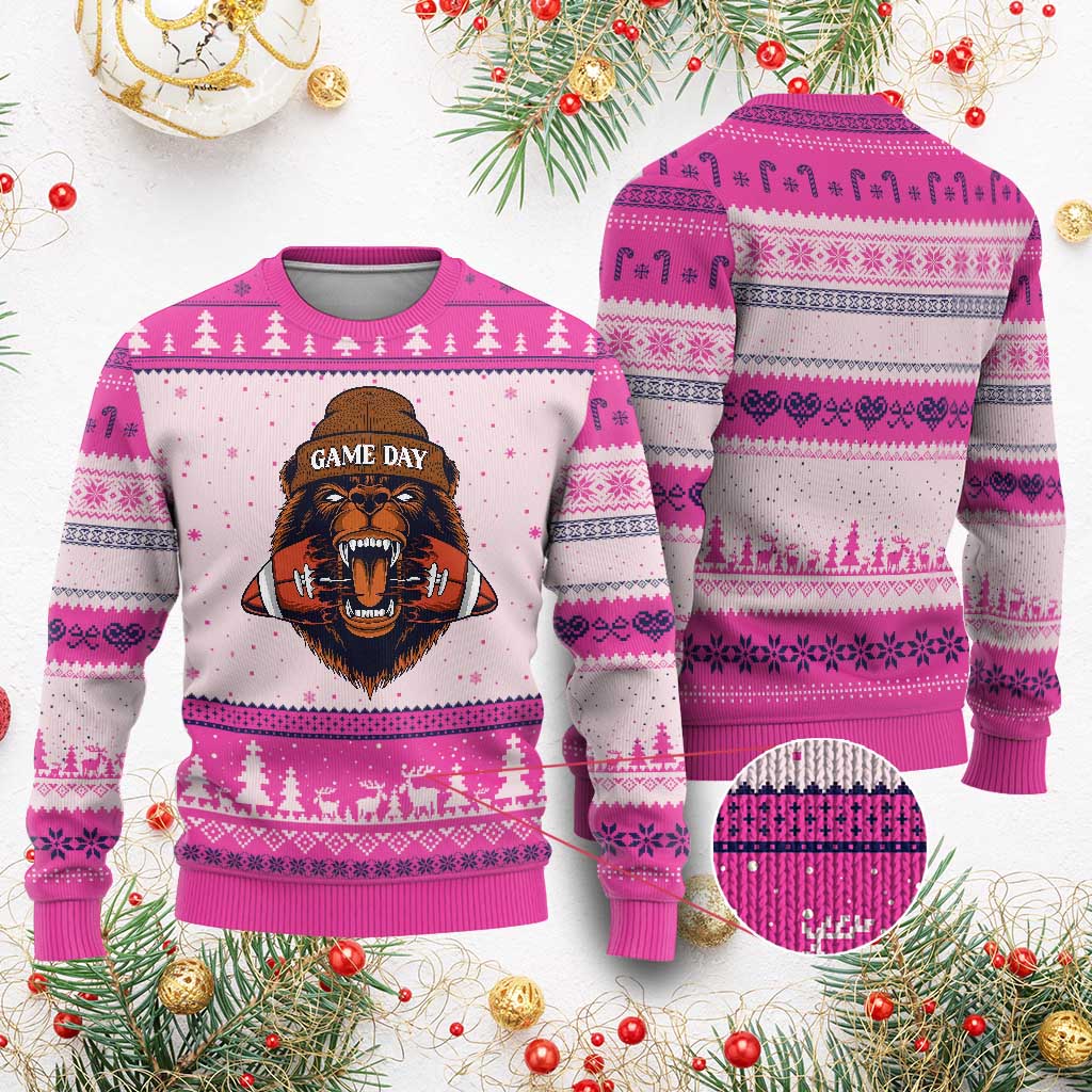 Game Day Fierce Bear Biting Ball Ugly Christmas Sweater Football Player Gift - Wonder Print Shop
