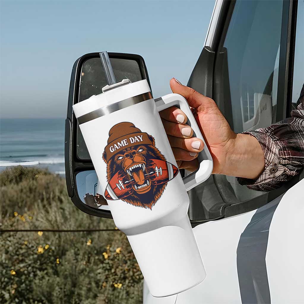 Game Day Fierce Bear Biting Ball Tumbler With Handle Football Player Gift - Wonder Print Shop
