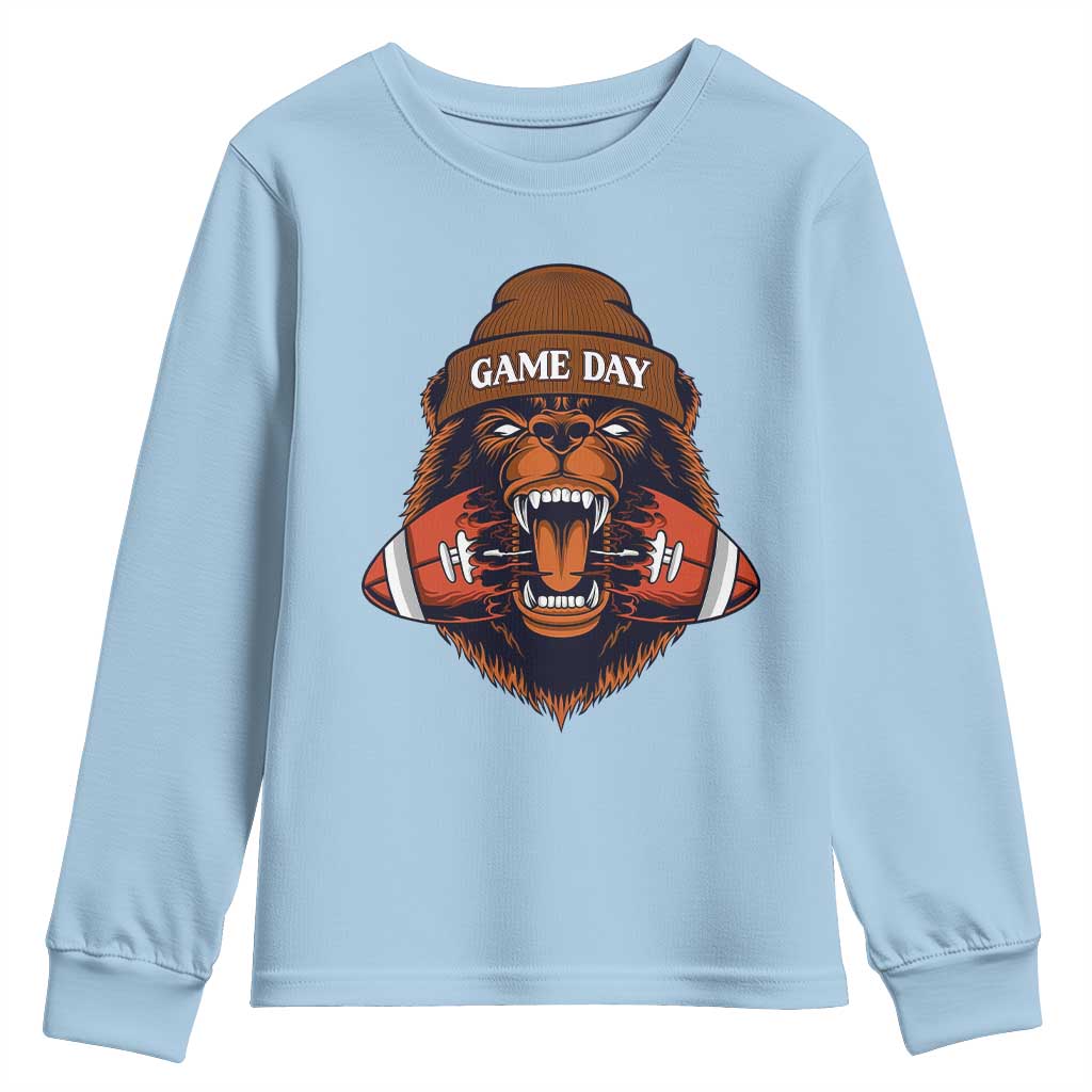 Game Day Fierce Bear Biting Ball Youth Sweatshirt Football Player Gift - Wonder Print Shop