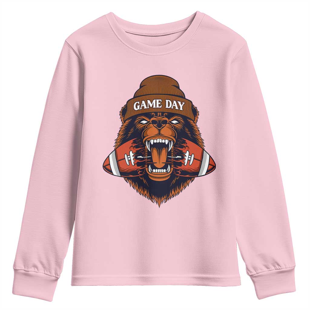 Game Day Fierce Bear Biting Ball Youth Sweatshirt Football Player Gift - Wonder Print Shop