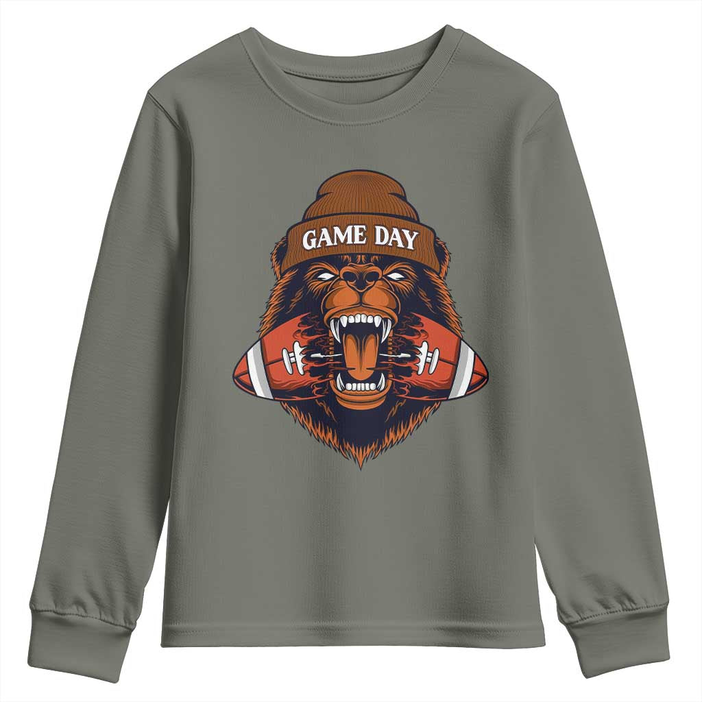 Game Day Fierce Bear Biting Ball Youth Sweatshirt Football Player Gift - Wonder Print Shop