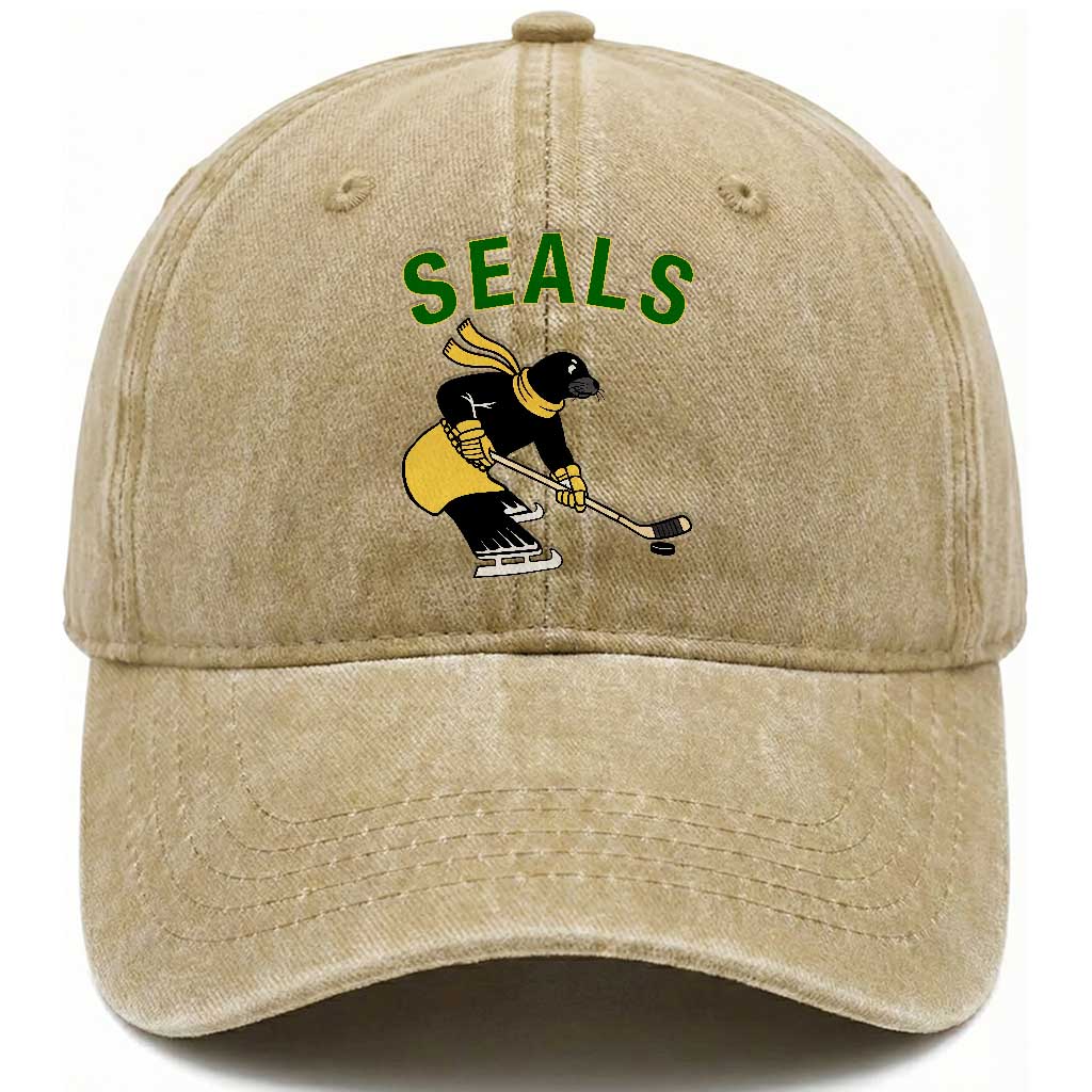 Funny Seal Ice Hockey Player Washed Cotton Baseball Cap Winter Sports Gift