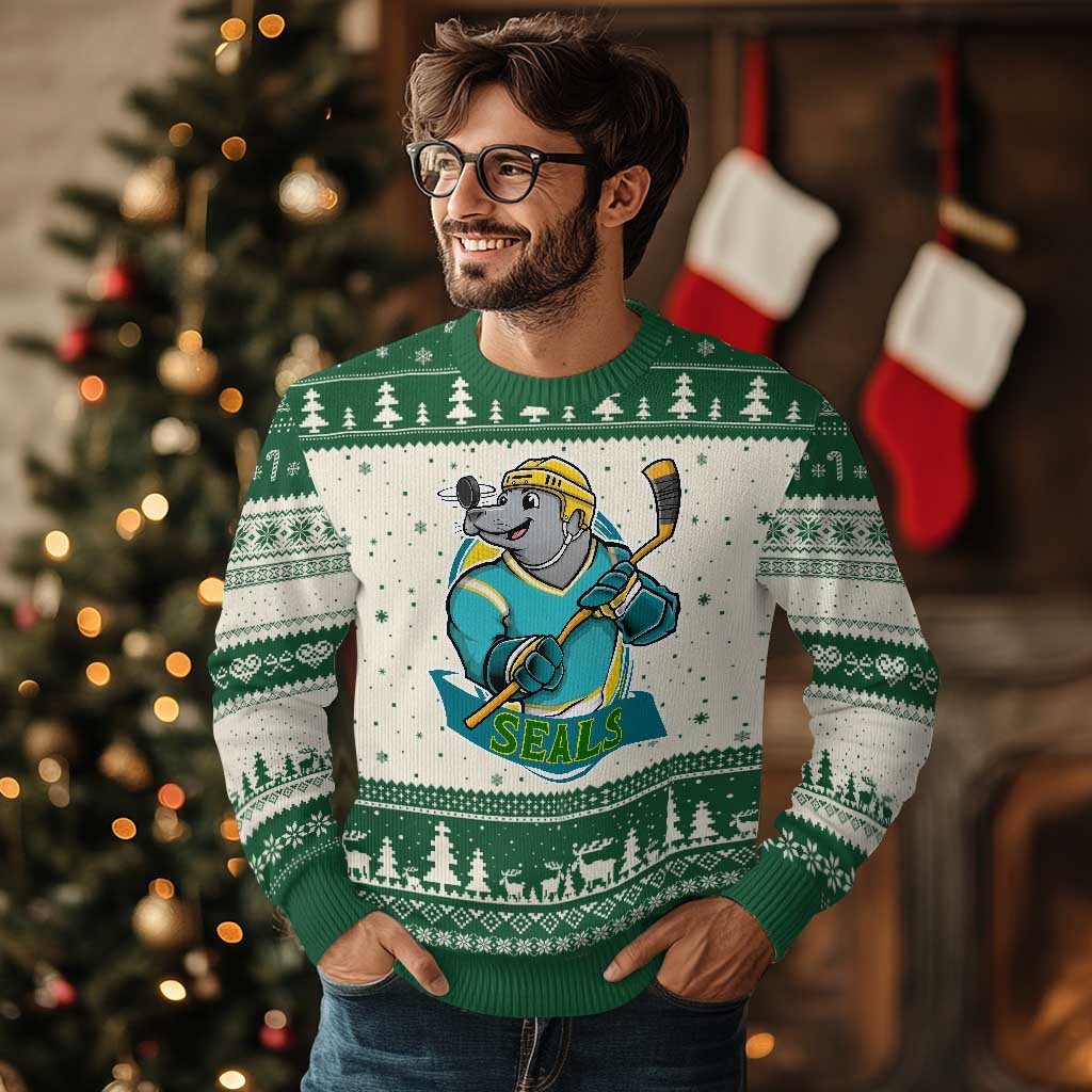 Cute Seal Playing Ice Hockey Ugly Christmas Sweater Funny Winter Sports Gift - Wonder Print Shop