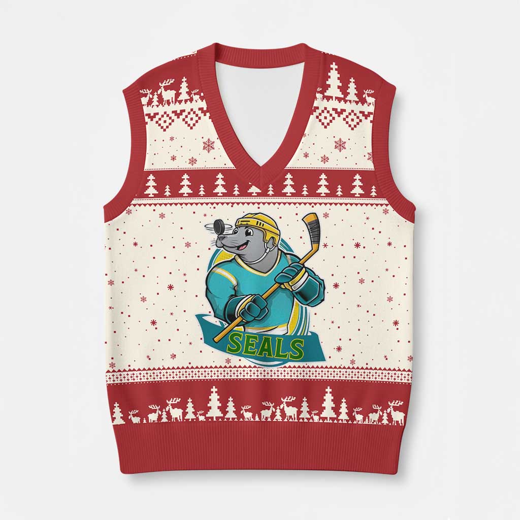 Cute Seal Playing Ice Hockey V-Neck Knit Sweater Vest Funny Winter Sports Gift - Wonder Print Shop