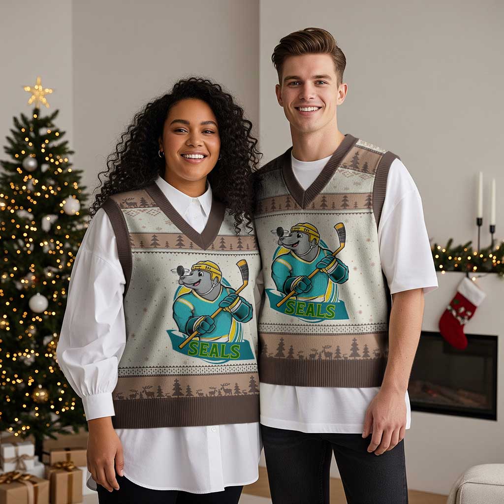 Cute Seal Playing Ice Hockey V-Neck Knit Sweater Vest Funny Winter Sports Gift - Wonder Print Shop