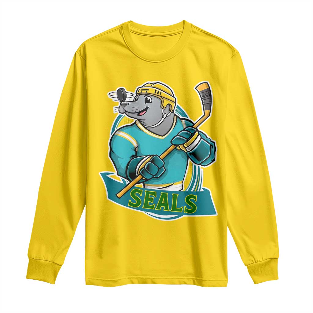 Cute Seal Playing Ice Hockey Long Sleeve Shirt Funny Winter Sports Gift - Wonder Print Shop