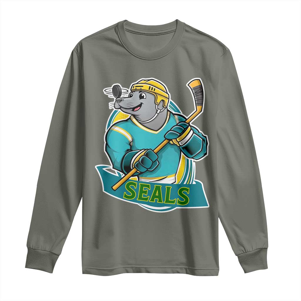 Cute Seal Playing Ice Hockey Long Sleeve Shirt Funny Winter Sports Gift - Wonder Print Shop