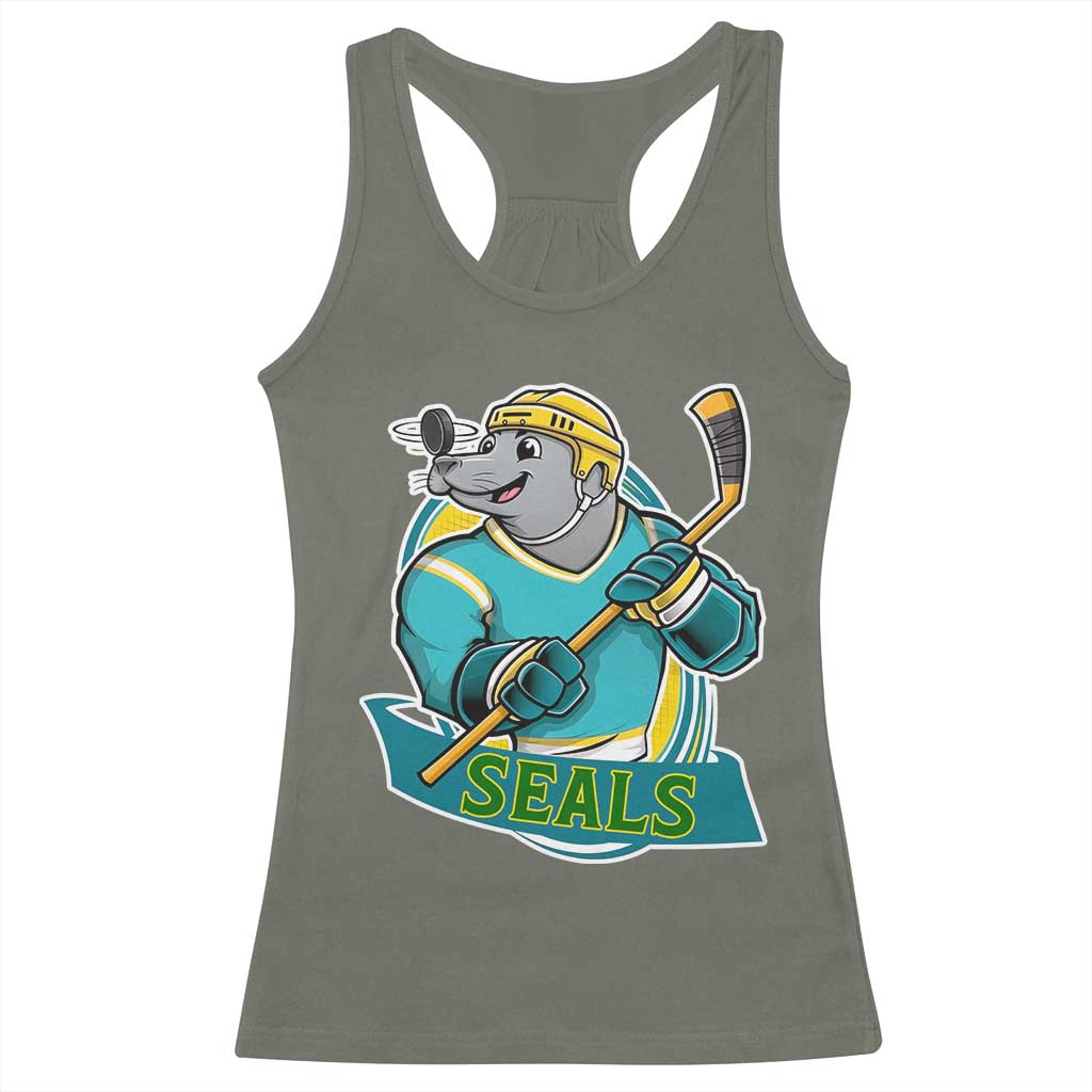 Cute Seal Playing Ice Hockey Racerback Tank Top Funny Winter Sports Gift - Wonder Print Shop