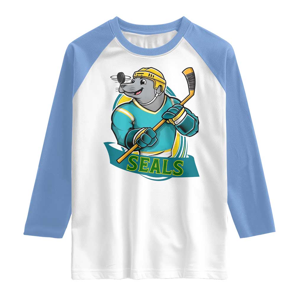 Cute Seal Playing Ice Hockey Raglan Shirt Funny Winter Sports Gift - Wonder Print Shop