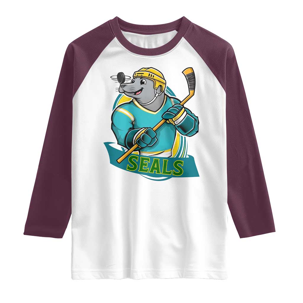 Cute Seal Playing Ice Hockey Raglan Shirt Funny Winter Sports Gift - Wonder Print Shop