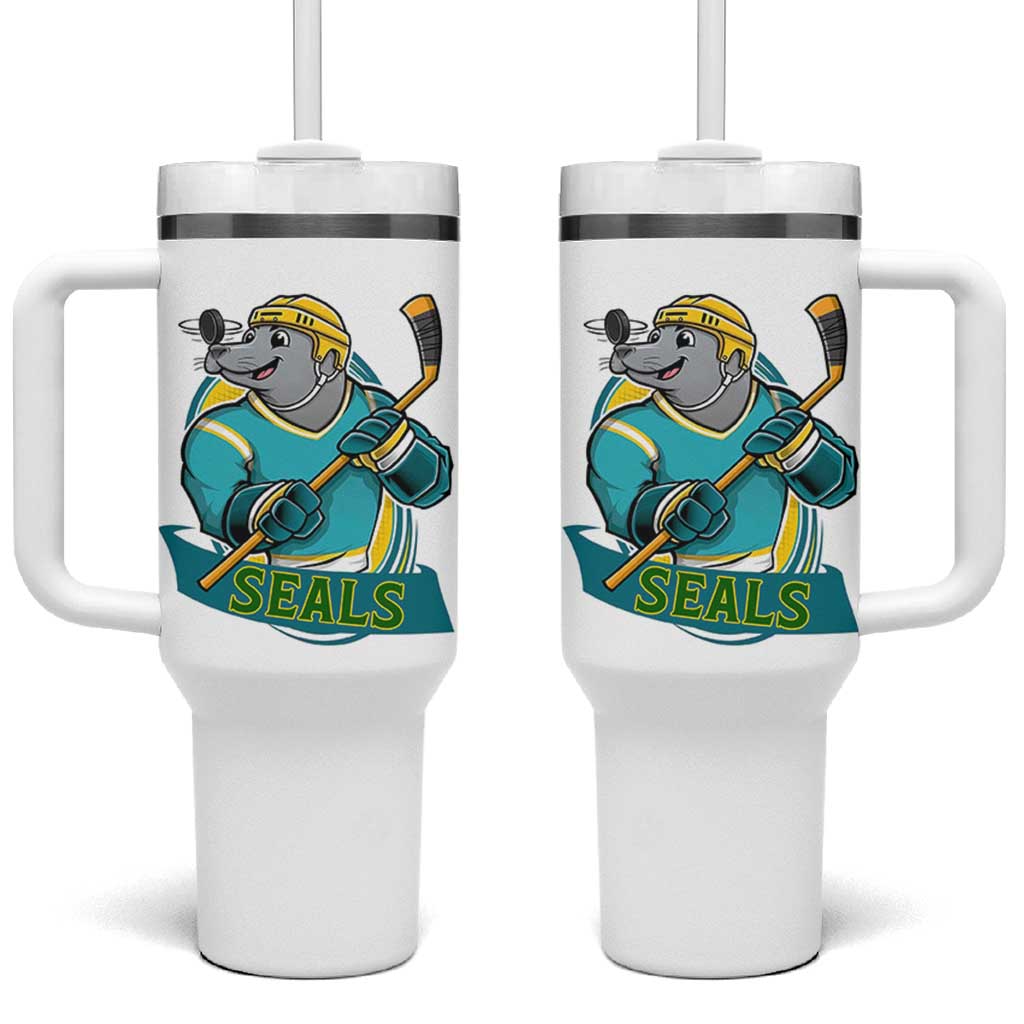 Cute Seal Playing Ice Hockey Tumbler With Handle Funny Winter Sports Gift - Wonder Print Shop