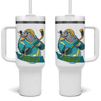 Cute Seal Playing Ice Hockey Tumbler With Handle Funny Winter Sports Gift - Wonder Print Shop