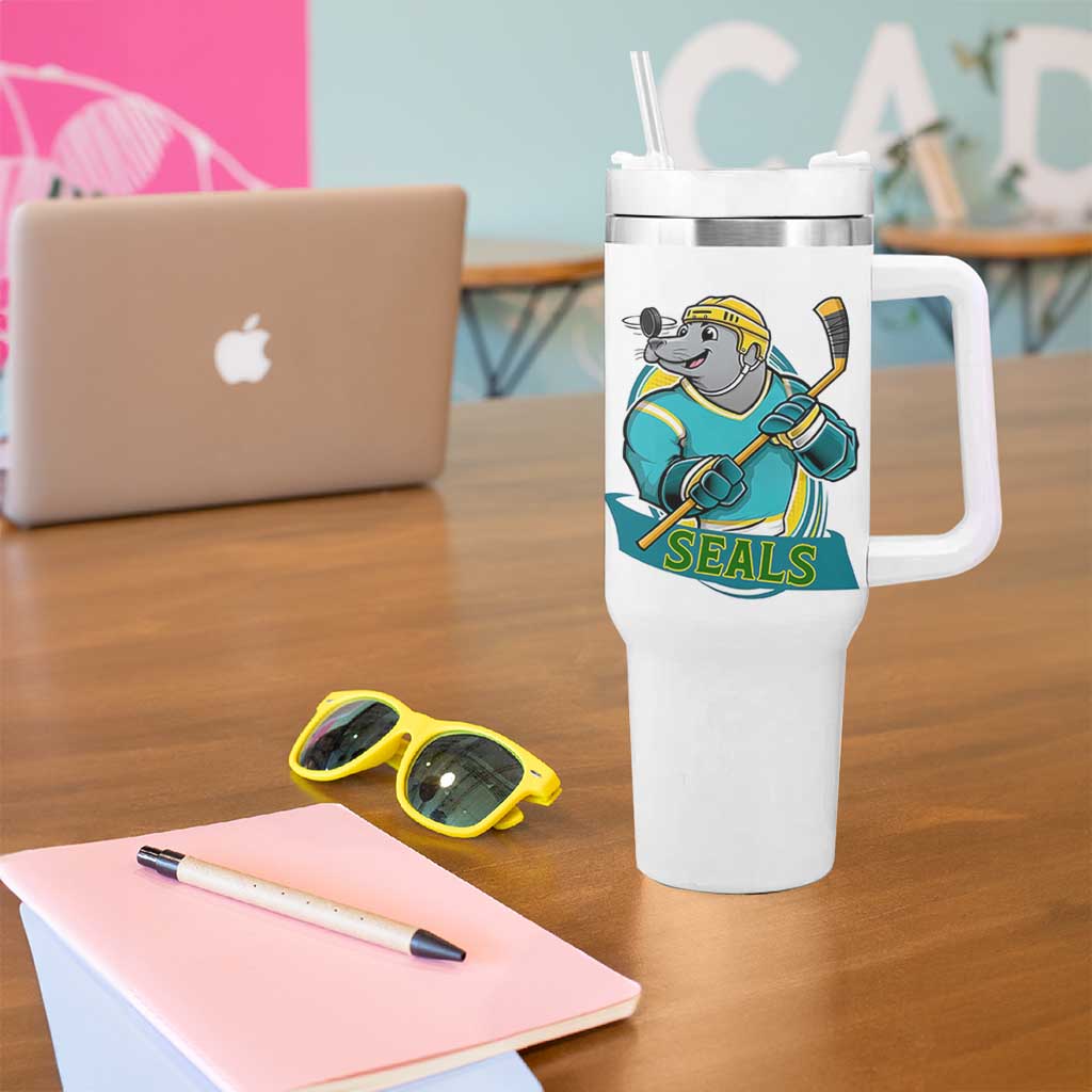 Cute Seal Playing Ice Hockey Tumbler With Handle Funny Winter Sports Gift - Wonder Print Shop