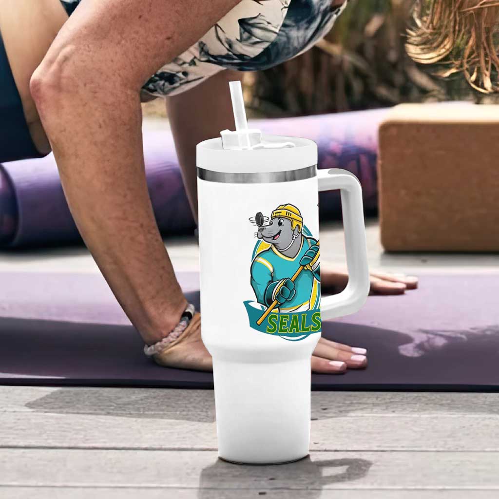 Cute Seal Playing Ice Hockey Tumbler With Handle Funny Winter Sports Gift - Wonder Print Shop