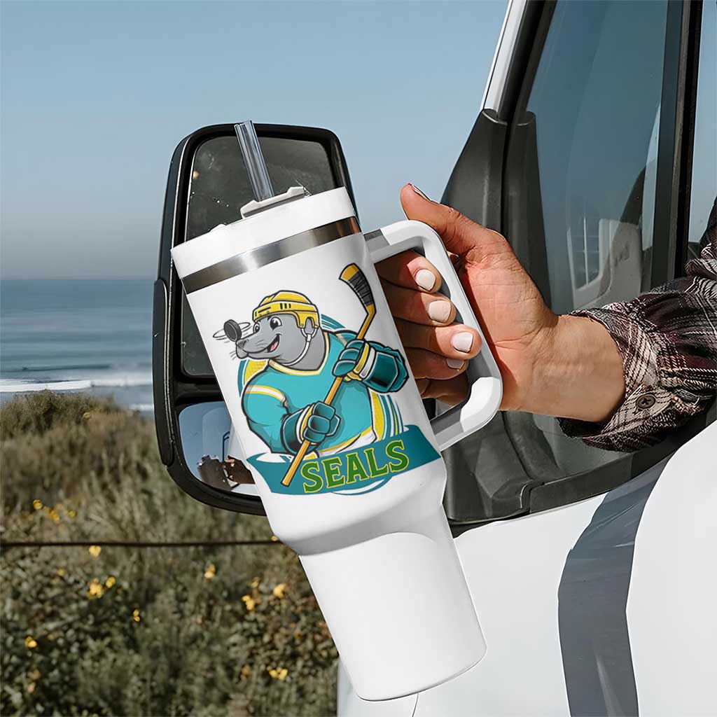 Cute Seal Playing Ice Hockey Tumbler With Handle Funny Winter Sports Gift - Wonder Print Shop