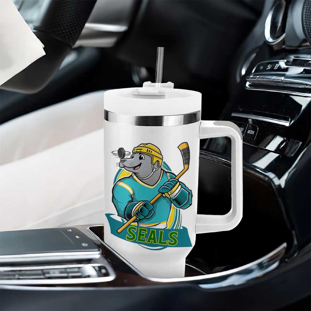 Cute Seal Playing Ice Hockey Tumbler With Handle Funny Winter Sports Gift - Wonder Print Shop