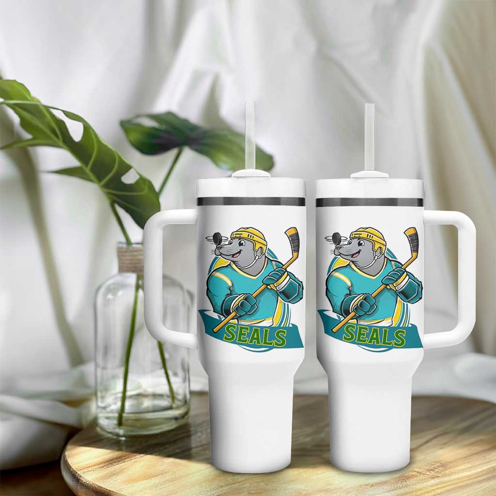 Cute Seal Playing Ice Hockey Tumbler With Handle Funny Winter Sports Gift - Wonder Print Shop