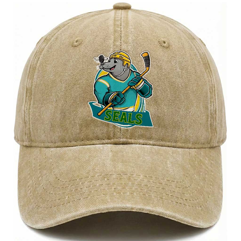 Cute Seal Playing Ice Hockey Washed Cotton Baseball Cap Funny Winter Sports Gift