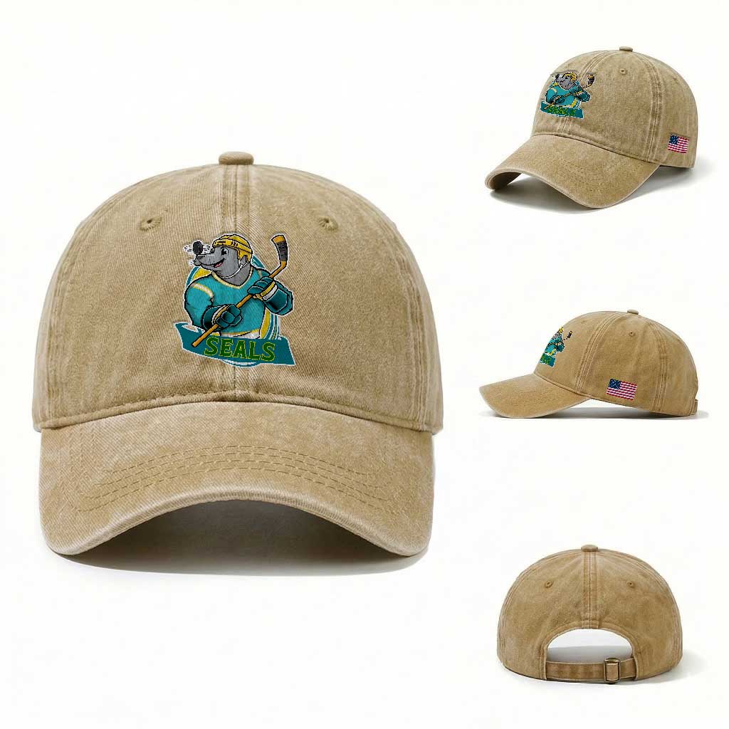 Cute Seal Playing Ice Hockey Washed Cotton Baseball Cap Funny Winter Sports Gift
