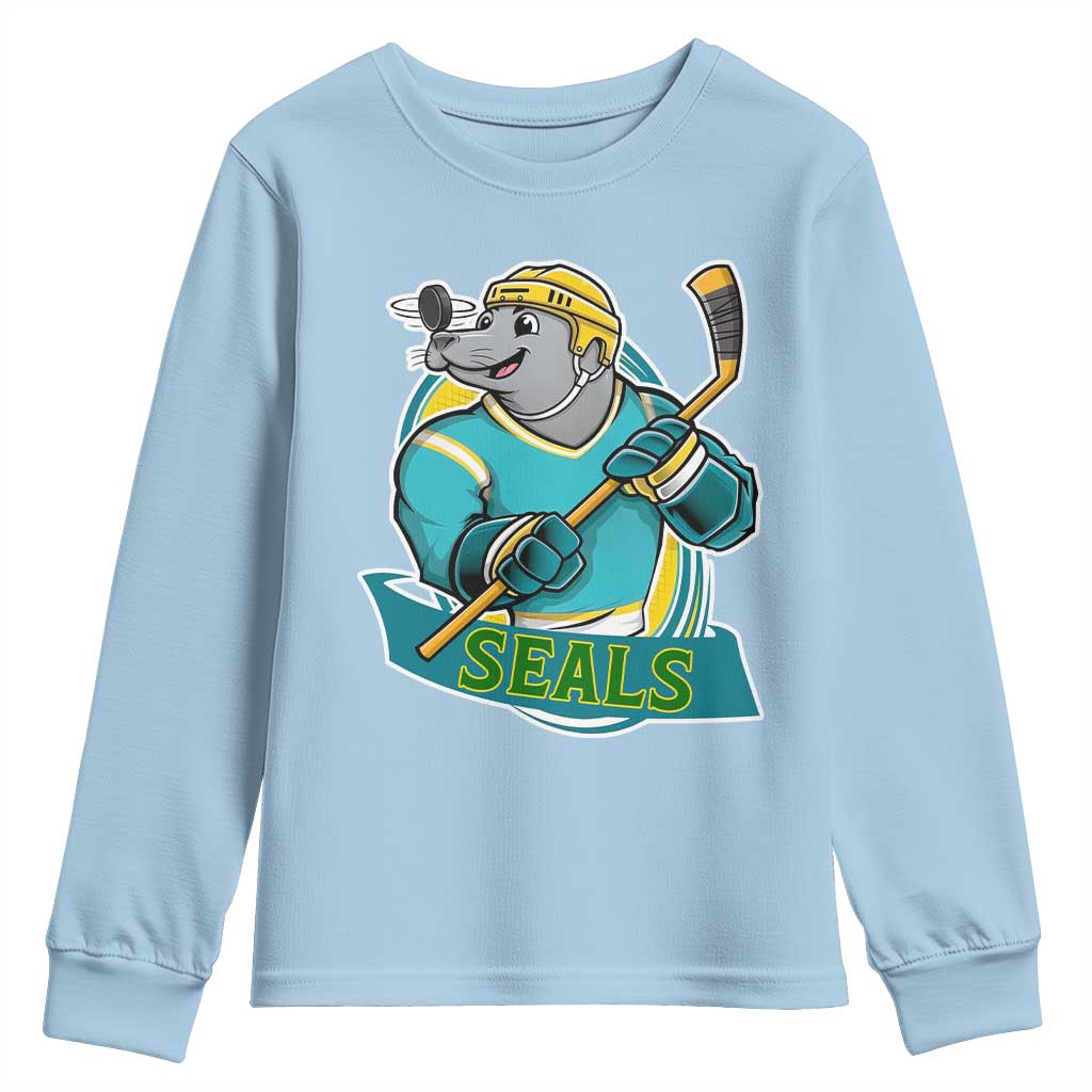 Cute Seal Playing Ice Hockey Youth Sweatshirt Funny Winter Sports Gift - Wonder Print Shop