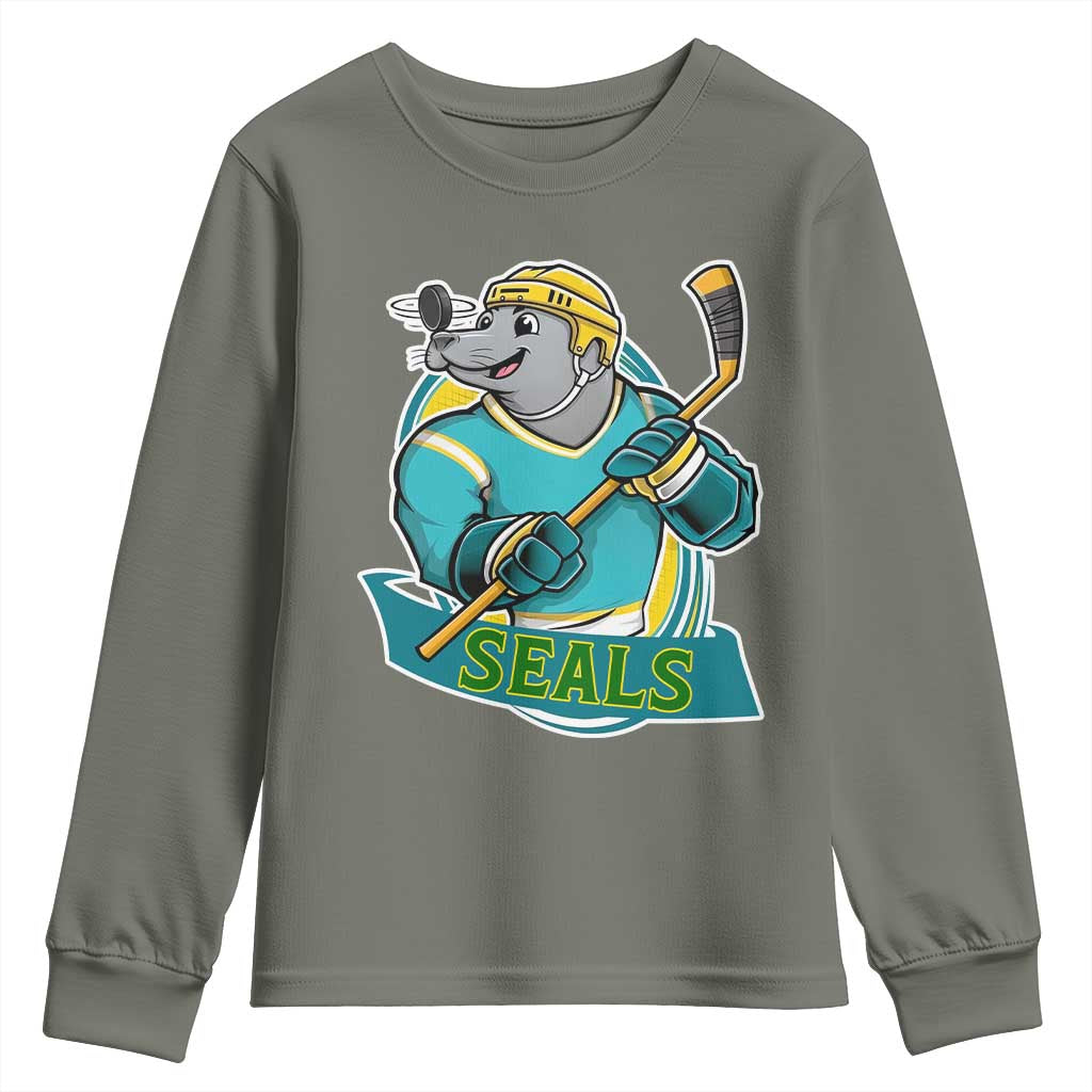 Cute Seal Playing Ice Hockey Youth Sweatshirt Funny Winter Sports Gift - Wonder Print Shop